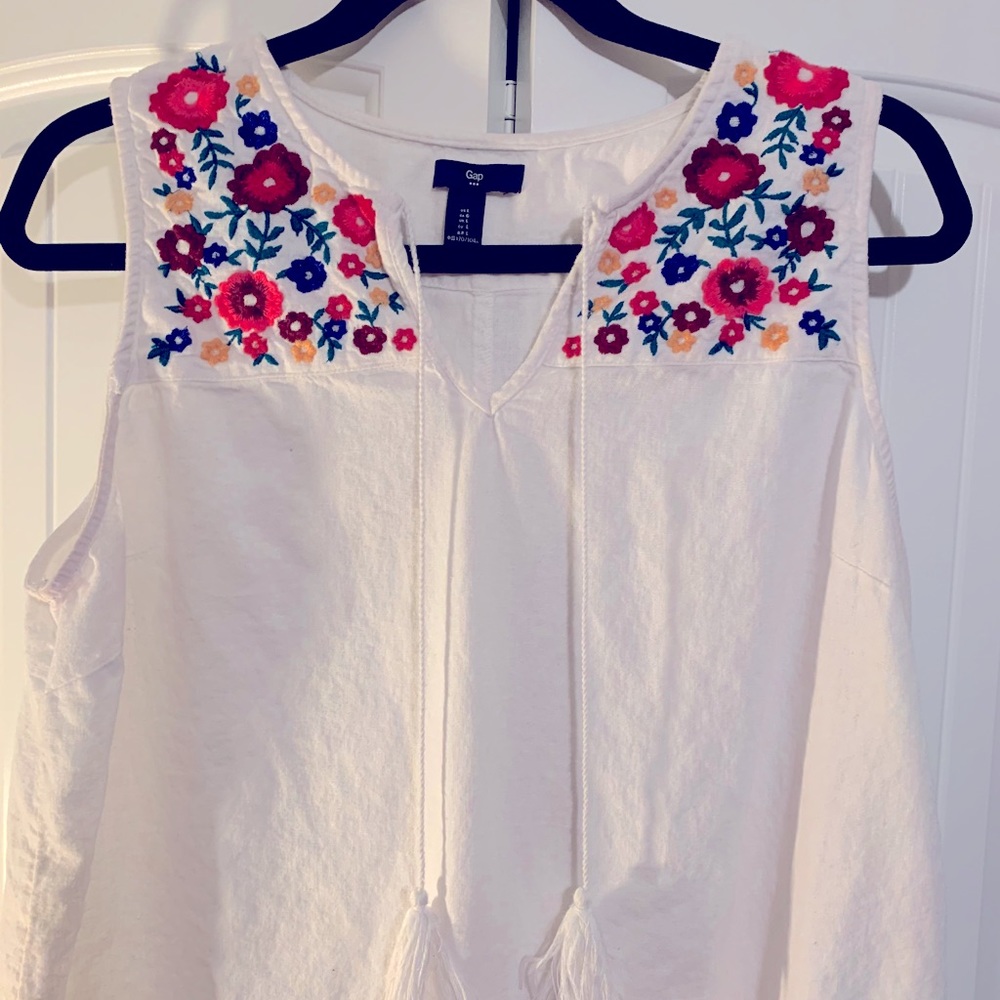 White linen sundress floral embroidery accents